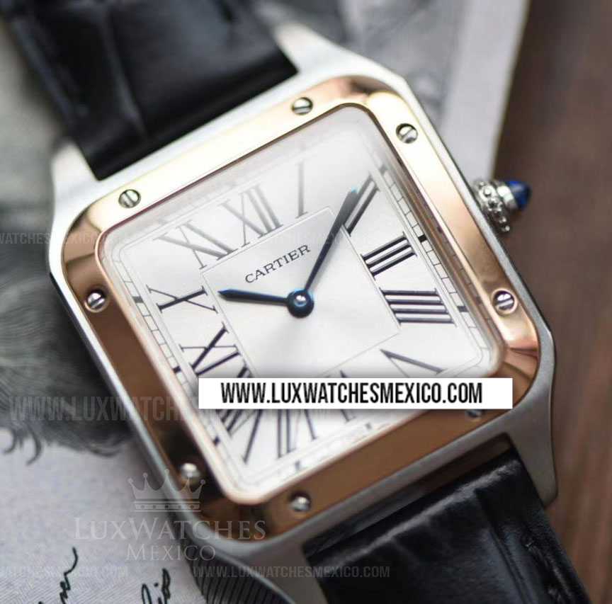 Cartier Santos Dumont Large 31.4 mm de Acero Inoxidable con Laminas de Oro Rosa de 18k Mejor Edici n Dial Plateado con Correa de Cuero Negro