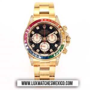 Rolex Daytona Rainbow 116598 con Laminas de Oro Amarillo de 18k Mejor Edición Dial Negro con Bisel Pavimentado de Zirconias