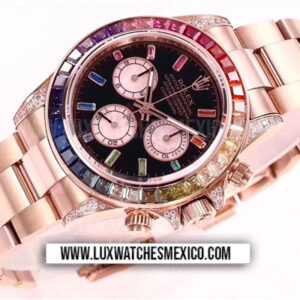 Rolex Daytona Rainbow 116595 con Laminas de Oro Rosa de 18k Mejor Edición Dial Negro con Bisel Pavimentado de Zirconias