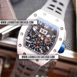 Richard Mille RM011 Felipe Massa Chronograph Cerámica Blanca Mejor Edición Dial de Esqueleto con Correa de Caucho Gris