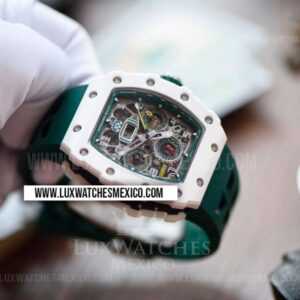 Richard Mille RM 011 Felipe Massa Chronograph Cerámica Blanca Mejor Edición Dial de Esqueleto con Correa de Caucho Verde