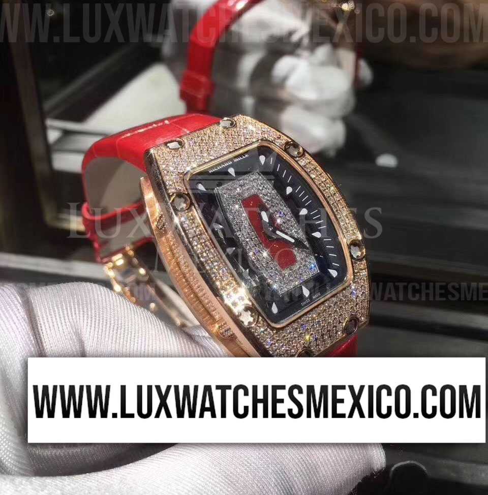 Richard Mille RM 07 01 Ladies con Laminas de Oro Rosa de 18k Mejor Edici n Dial Pavimentado de Zirconias con Correa de Cuero Rojo