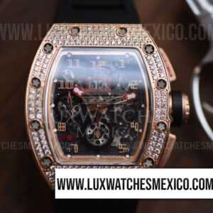 Richard Mille RM 011 Felipe Massa Oro Rosa de 18k Chronograph Bisel Pavimentado de Zirconia Mejor Edición Dial de Esqueleto con Correa de Caucho Negro