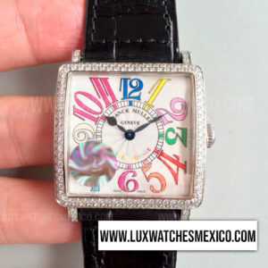Franck Muller Master Square Ladies Mejor Edición Dial Blanco Marcadores Coloridos Bisel con Zirconias con Correa de Cuero Negro Cuarzo Suizo