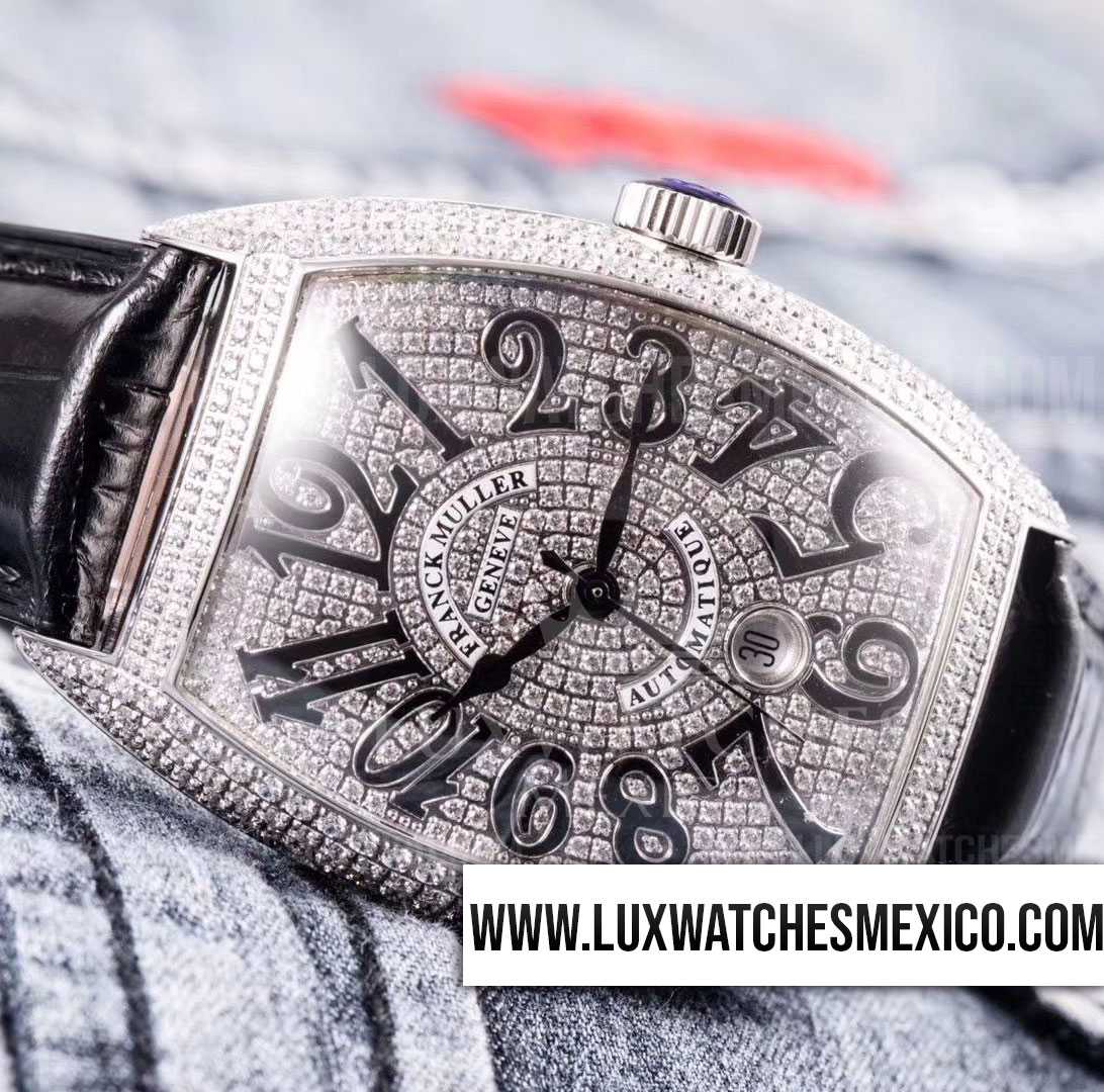 Franck Muller Casablanca de Acero Inoxidable Mejor Edici n Pavimentado de Zirconias con Correa de Cuero Negro