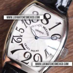 Franck Muller Crazy Hours de Acero Inoxidable Mejor Edición Dial Blanco Marcadores Negros con Correa de Cuero Negro