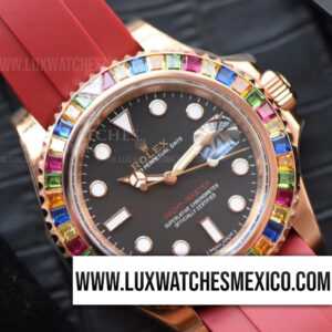 Rolex Yacht-Master 40mm 126655 con Laminas de Oro Rosa de 18k Mejor Edición Bisel Pavimentado de Zirconias con Correa de Caucho Rojo