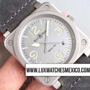 Bell & Ross BR 03-92 Horolum de Acero Inoxidable Mejor Edición Dial Gris con Correa de Cuero Gris (Correa de Nylon Gratis)