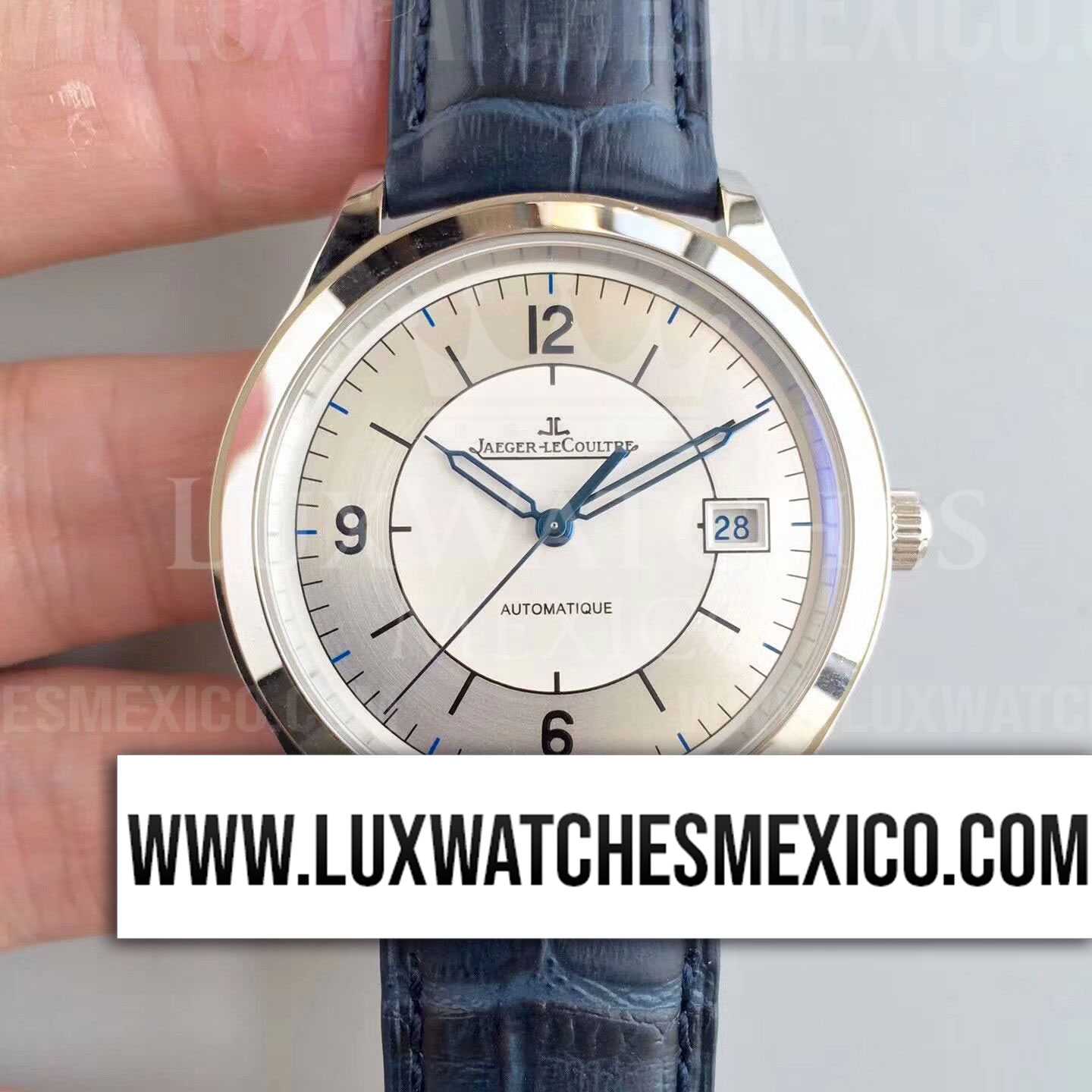 Jaeger LeCoultre Master Control Date de Acero Inoxidable Mejor Edici n Dial Blanco con Correa de Cuero Azul