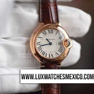Cartier Ballon Bleu 33 mm con Laminas de Oro Rosa de 18k Mejor Edición Dial Blanco Texturizado con Correa de Cuero Marrón