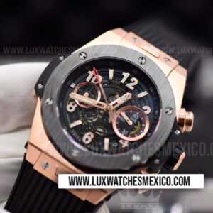 Hublot Big Bang Unico 45 mm con Laminas de Oro Rosa de 18k Mejor Edición Bisel de Cerámica Dial Esqueleto con Correa de Caucho Negro