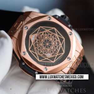 Hublot Big Bang Sang Bleu King Gold 45 mm con Laminas de Oro Rosa de 18k Mejor Edición Dial de Esqueleto con Correa de Caucho Negro