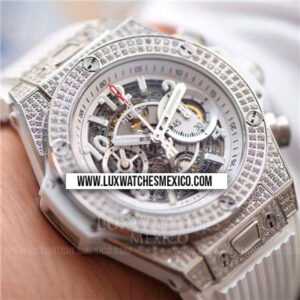 Hublot Big Bang Unico Pavimentado en Zirconias Mejor Edición Dial de Esqueleto Blanco con Correa de Caucho Blanco