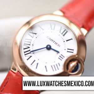 Cartier Ballon Bleu 33 mm con Laminas de Oro Rosa de 18k Mejor Edición Dial Blanco Texturizado con Correa de Cuero Rojo