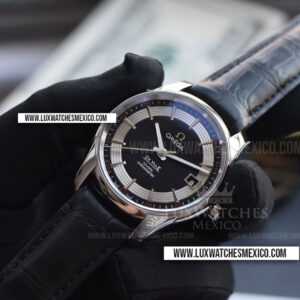 Omega De Ville Hour Vision Co-Axial de Acero Inoxidable Mejor Edición Dial Negro/Plateado con Correa de Cuero Negro
