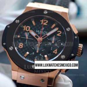 Hublot Big Bang 44 mm Chronograph con Laminas de Oro Rosa de 18k Mejor Edición Bisel Negro Dial Negro con Correa de Caucho Negro