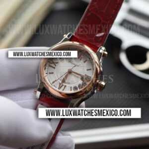 Chopard Happy Sport Automático 36mm de Acero Inoxidable Mejor Edición Bisel de Oro Rosa 18k Dial Blanco con Correa de Cuero Rojo