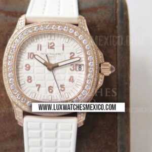Patek Philippe Aquanaut 5068R Oro Rosa 18k Pavimentado en Zirconias Mejor Edición Dial Blanco Texturizado con Correa de Caucho Blanco