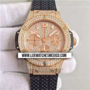 Hublot Big Bang Chronograph con Laminas de Oro Rosa de 18k Mejor Edición Totalmente Pavimentado de Zirconias con Correa de Caucho Negro
