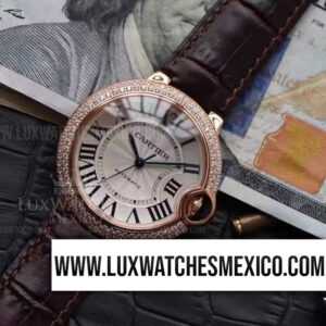 Cartier Ballon Bleu 33 mm con Laminas de Oro Rosa 18k Mejor Edición Bisel Pavimentado de Zirconias con Correa de Cuero Marrón