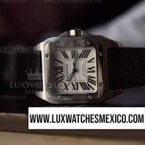 Cartier Santos 100 38mm de Acero Inoxidable Mejor Edición Dial Blanco con Correa de Cuero Negro