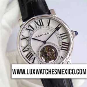 Cartier Rotonde de Cartier Flying Tourbillon de Acero Inoxidable Mejor Edición Dial Blanco con Correa de Cuero Negro