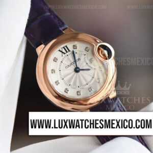 Cartier Ballon Bleu 28 mm Ladies con Laminas de Oro Rosa de 18k Mejor Edición Indicadores de Zirconias con Correa de Cuero Morado