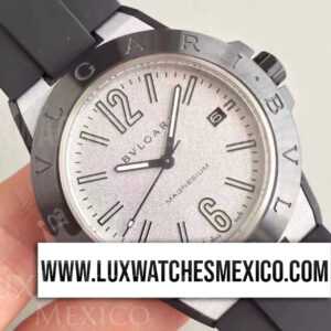Bvlgari Diagono Magnesium PVD Mejor Edición Dial Plateado Texturizado con Correa de Caucho Negro