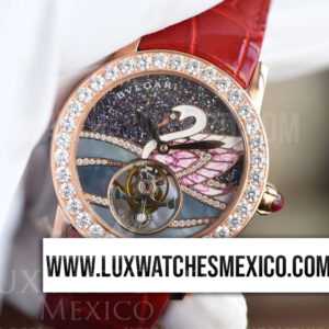 Bvlgari II Giardini Di Bvlgari Tourbillon con Laminas de Oro Rosa de 18k Mejor Edición Dial Decorado Bisel Pavimentado con Zirconias con Correa de Cuero Rojo