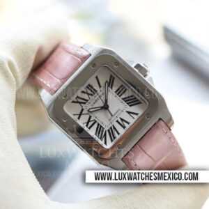 Cartier Santos 100 33mm de Acero Inoxidable Mejor Edición Dial Blanco con Correa de Cuero Rosa