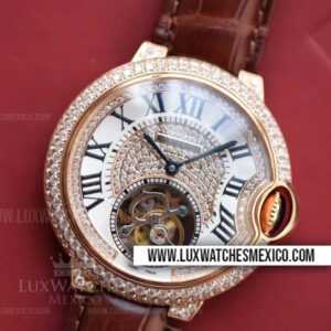 Cartier Ballon Bleu de Cartier Tourbillon con Laminas de Oro Rosa de 18k Mejor Edición Pavimentado de Zirconias con Correa de Cuero Marrón