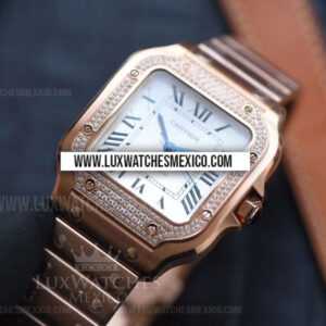 Cartier Santos de Cartier 35 mm con Laminas de Oro Rosa 18k Mejor Edición Bisel Pavimentado de Zirconias con Pulsera Laminada de Oro Rosa de 18k