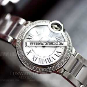 Cartier Ballon Bleu 28 mm Ladies de Acero Inoxidable Mejor Edición Bisel Pavimentado de Zirconias Dial Blanco con Pulsera de Acero Inoxidable Ronda Quartz