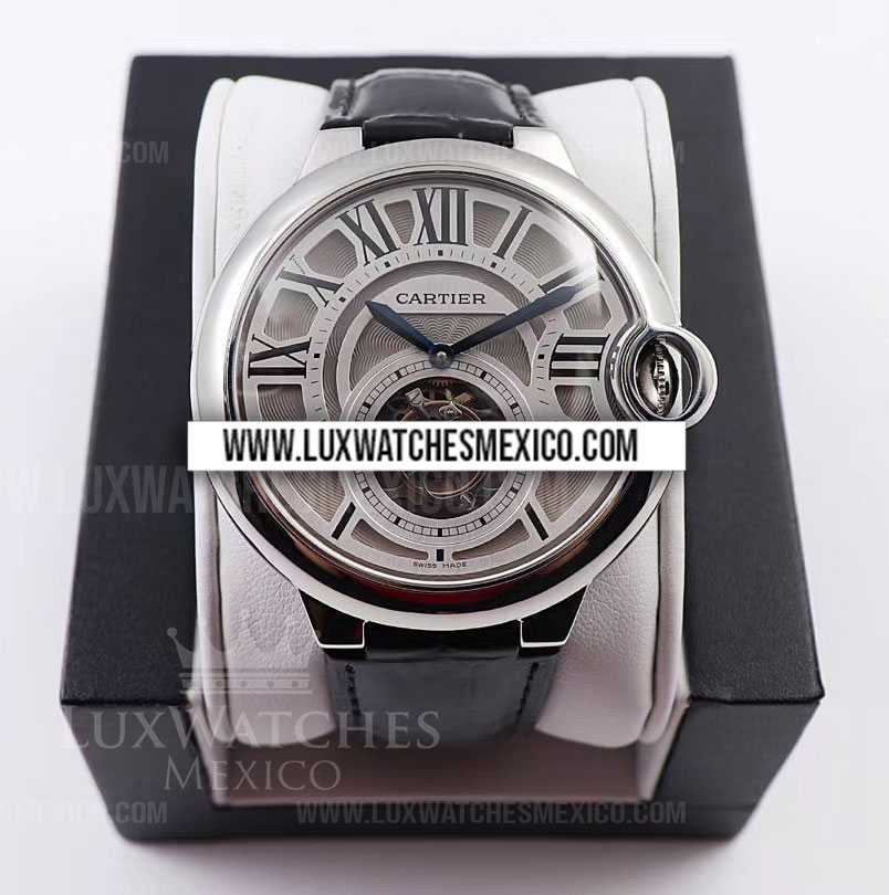 Cartier Ballon Bleu Flying Tourbillon de Acero Inoxidable Mejor Edici n Dial Blanco con Correa de Cuero Negro