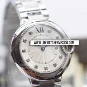 Cartier Ballon Bleu 28 mm Ladies de Acero Inoxidable Mejor Edición Indicadores de Zirconias Dial Blanco MOP con Pulsera de Acero Inoxidable Ronda Quartz