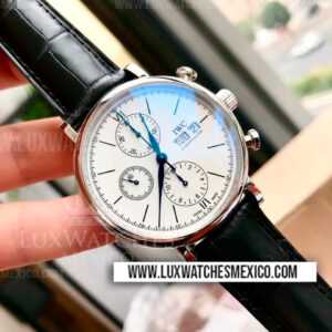 IWC Portofino Chronograph de Acero Inoxidable Mejor Edición Dial Blanco con Correa de Cuero Negro