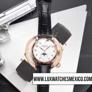 Montblanc Star Legacy Moonphase con Laminas de Oro Rosa de 18k Mejor Edición Dial Blanco con Correa de Cuero Negro