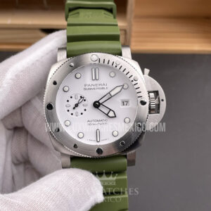 Panerai Submersible PAM01595 de Acero Inoxidable Mejor Edición Dial blanco con Correa de Caucho Verde