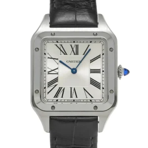 Cartier Santos Dumont de Acero Inoxidable conMejor Edición Dial Plateado con Correa de Cuero Negro